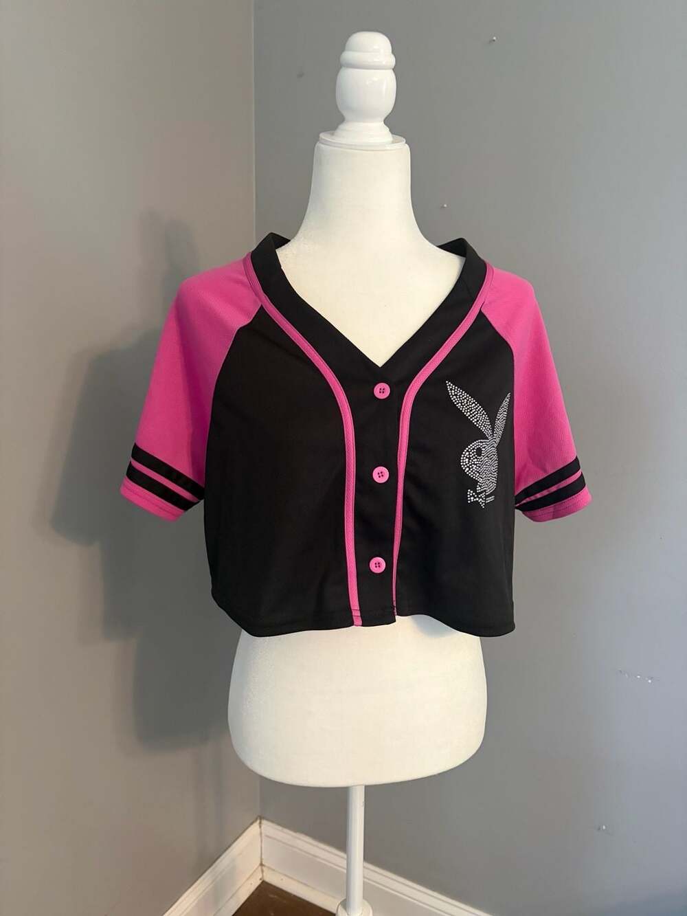 Playboy Pink and Black Varsity Cropped Jersey Top